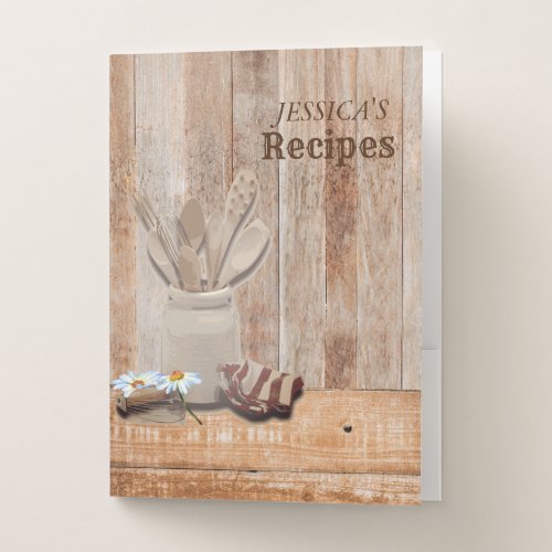 Wood Rustic Recipe Book Cookbook Utensils Pocket Folder