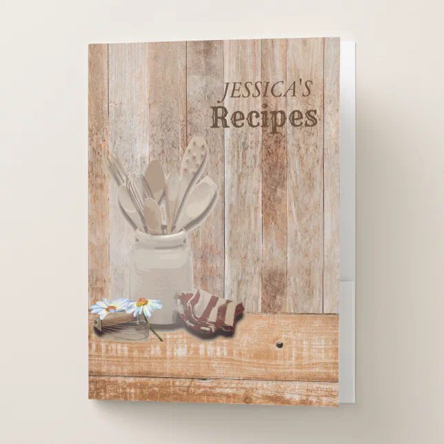 Wood Rustic Recipe Book Cookbook Utensils Pocket Folder | Zazzle