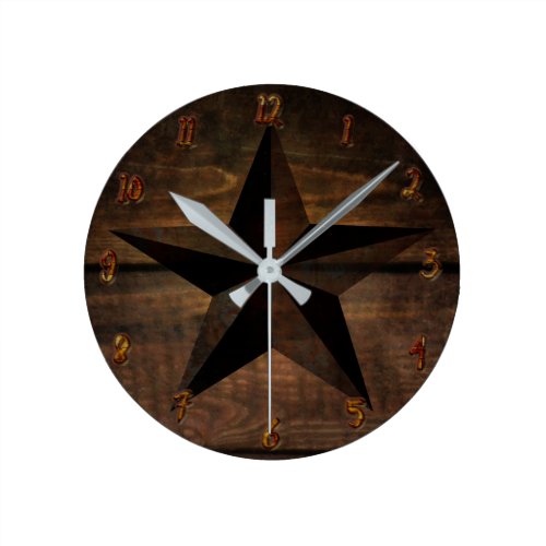 Wood Rustic Rusty Wooden Western Star Round Clock