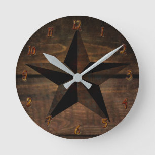 Wood Rustic Rusty Wooden Western Star Round Clock