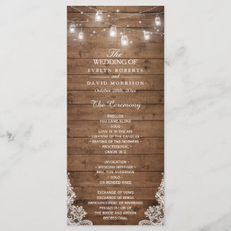 Wood Rustic String Lights Lace Wedding Program