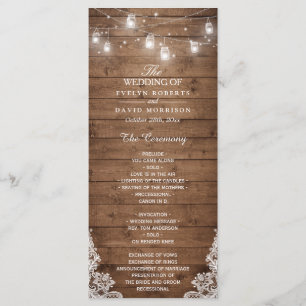 Wood Rustic String Lights Lace Wedding Program