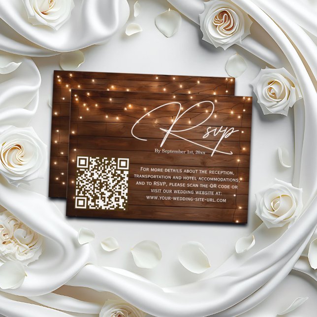 Wood Rustic String Lights QR Code Wedding RSVP Card (Creator Uploaded)