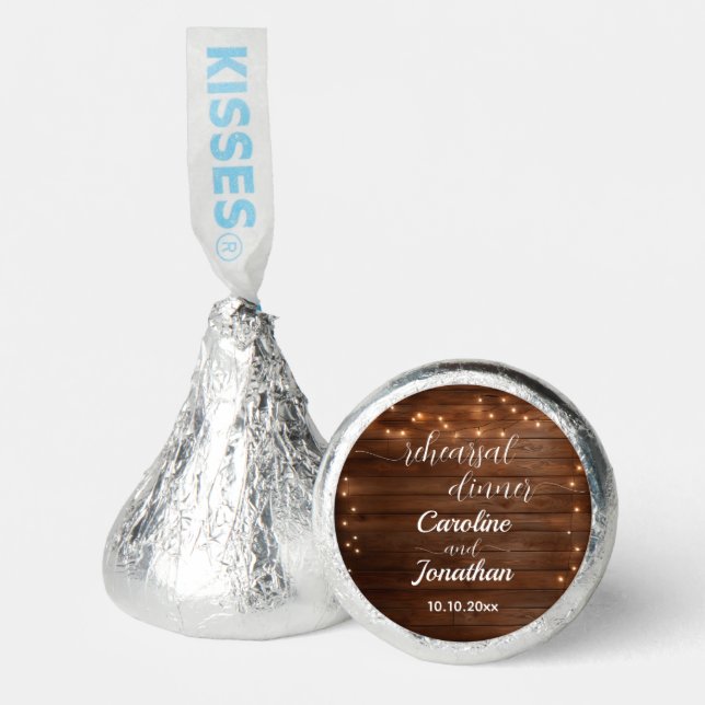 Wood Rustic String Lights Rehearsal Dinner Wedding Hershey®'s Kisses® (Front)