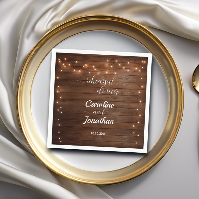 Wood Rustic String Lights Rehearsal Dinner Wedding Napkins (Creator Uploaded)