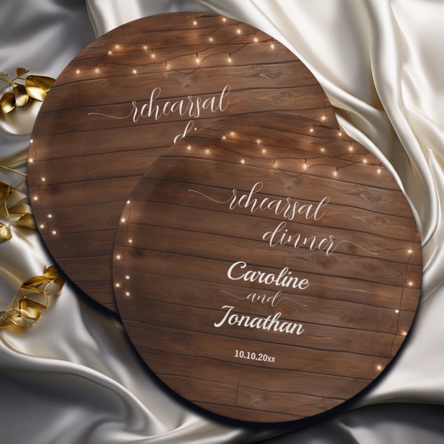 Wood Rustic String Lights Rehearsal Dinner Wedding Paper Plates (Creator Uploaded)