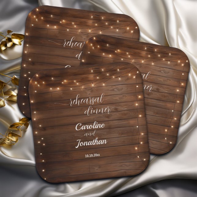 Wood Rustic String Lights Rehearsal Dinner Wedding Paper Plates (Creator Uploaded)