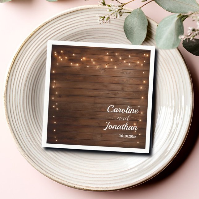 Wood Rustic String Lights Wedding Napkins (Creator Uploaded)