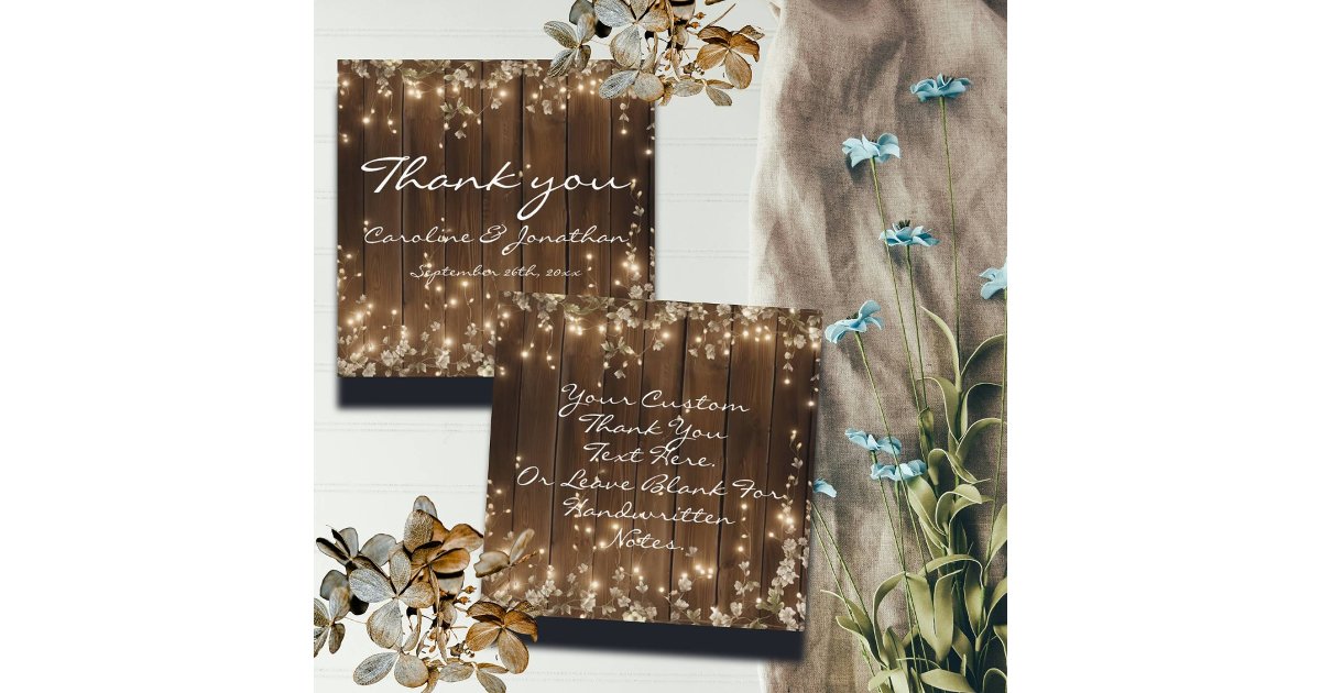 Wood Rustic String Lights Wedding Thank You Note Enclosure Card | Zazzle