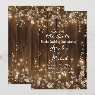 Wood Rustic String Lights White Floral Save The Date
