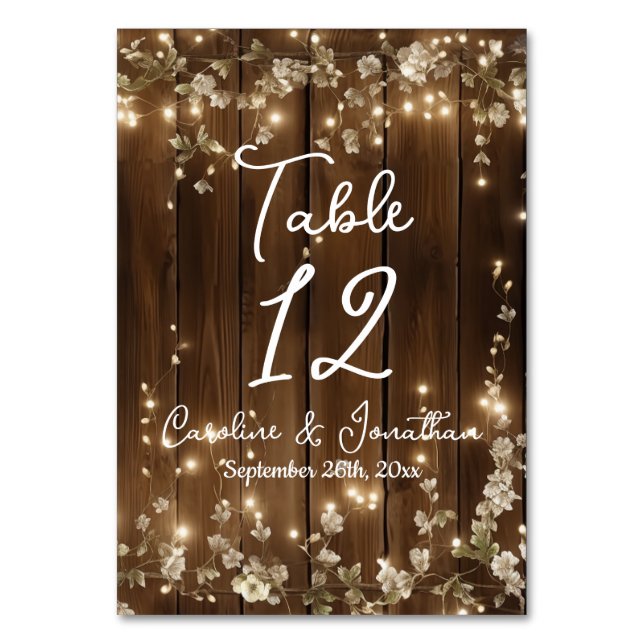 Wood Rustic String Lights White Floral Table No. Number (Front)