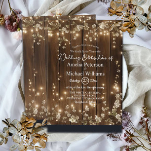 Wood Rustic String Lights White Floral Wedding Invitation