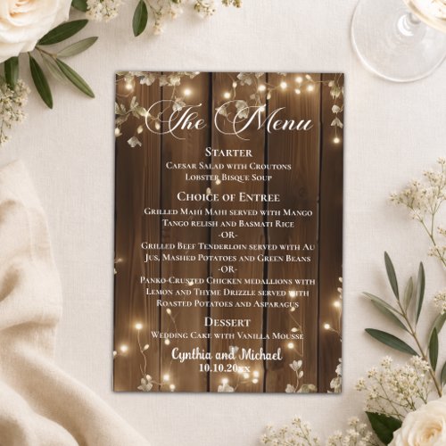 Wood Rustic String Lights White Floral Wedding  Menu