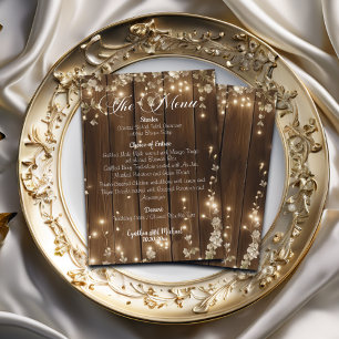 Wood Rustic String Lights White Floral Wedding Menu