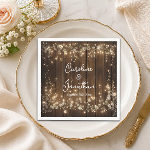 Wood Rustic String Lights White Floral Wedding Napkins