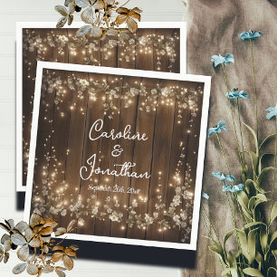 Wood Rustic String Lights White Floral Wedding Napkins