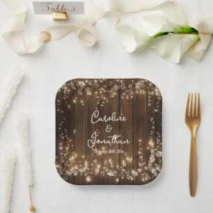 Wood Rustic String Lights White Floral Wedding Paper Plates