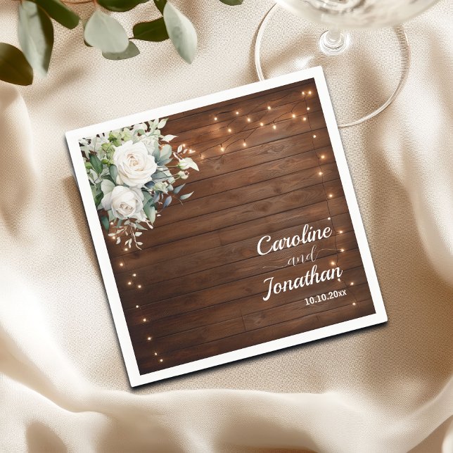 Wood Rustic String Lights White Roses Wedding Napkins (Creator Uploaded)
