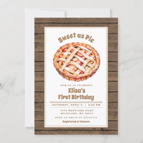 Wood Rustic Sweet as Pie Party Birthday invitation