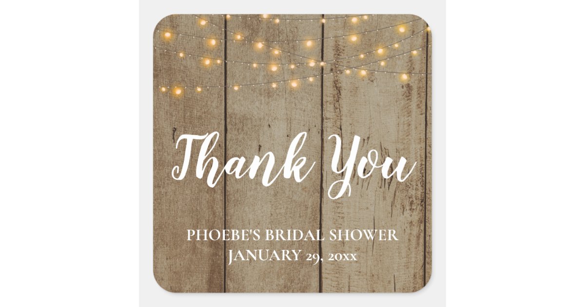Wood Rustic Theme String Lights Bridal Shower Square Sticker | Zazzle