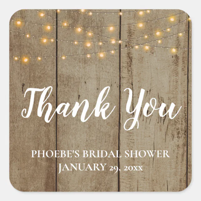 Wood Rustic Theme String Lights Bridal Shower Square Sticker | Zazzle