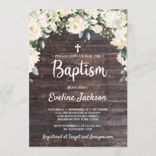 Wood rustic vintage greenery white floral baptism invitation