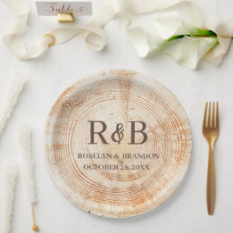 Wood Rustic Wedding Custom Monogram Names Paper Plates