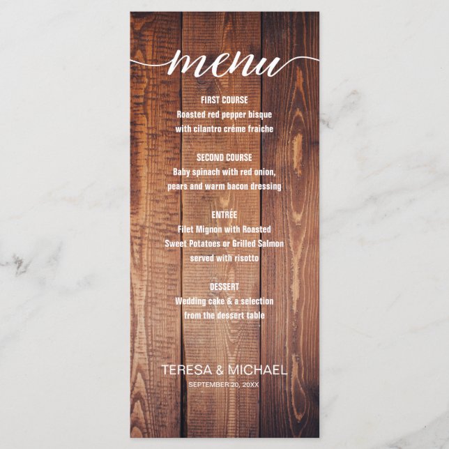 Wood Rustic Wedding Dinner Menu (Front)