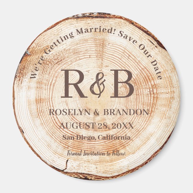 Wood Rustic Wedding Monogram Names Save the Date Magnet (Front)