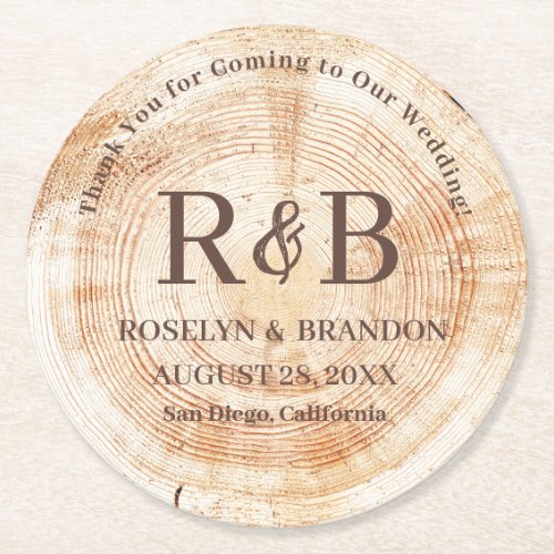 Wood Rustic Wedding Monogram Names Save the Date R Round Paper Coaster