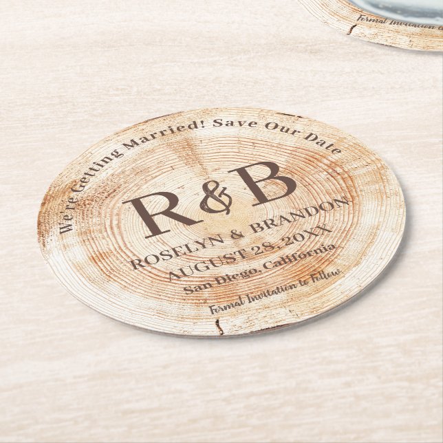 Wood Rustic Wedding Monogram Names Save the Date Round Paper Coaster (Angled)