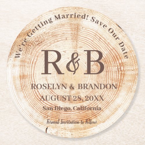 Wood Rustic Wedding Monogram Names Save the Date Round Paper Coaster