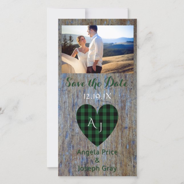 Wood Rustic Wedding Save the Date Plaid Heart (Front)