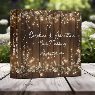 Wood Rustic White Floral String Lights Wedding 3 Ring Binder