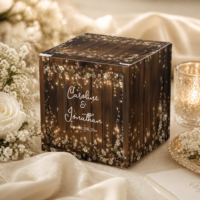 Wood Rustic White Floral String Lights Wedding Favor Boxes (Creator Uploaded)