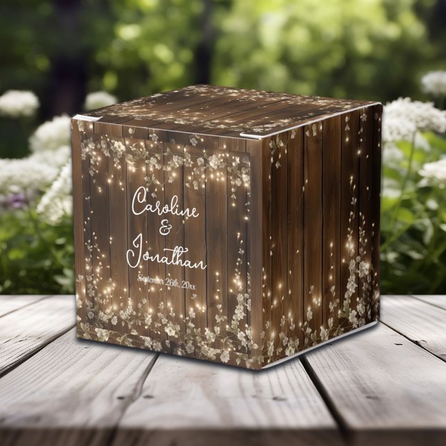 Wood Rustic White Floral String Lights Wedding Favor Boxes (Creator Uploaded)