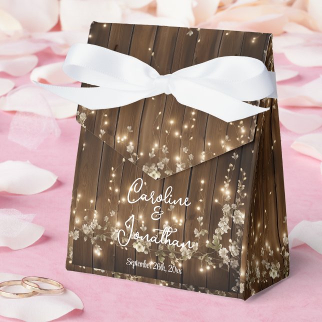 Wood Rustic White Floral String Lights Wedding Favor Boxes (Wedding)