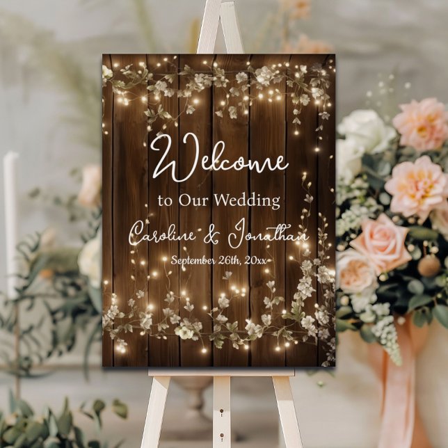 Wood Rustic White Floral String Lights Welcome Foam Board (Creator Uploaded)