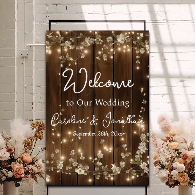 Wood Rustic White Floral String Lights Welcome Foam Board (Creator Uploaded)