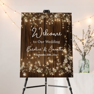 Wood Rustic White Floral String Lights Welcome Foam Board