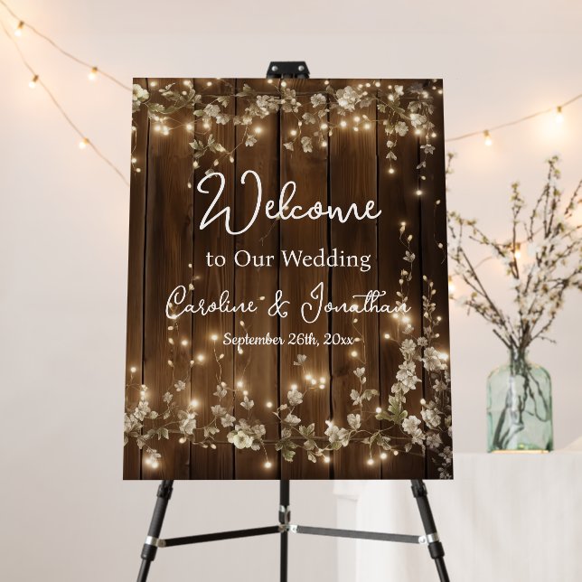 Wood Rustic White Floral String Lights Welcome Foam Board (In Situ (Stand))