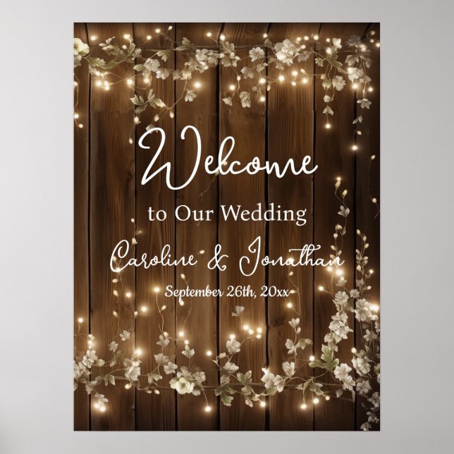 Wood Rustic White Floral String Lights Welcome Poster (Front)