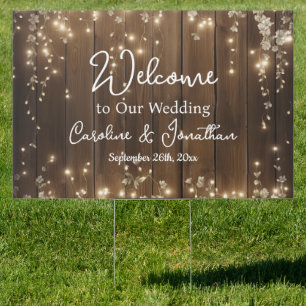 Wood Rustic White Floral String Lights Welcome Sign