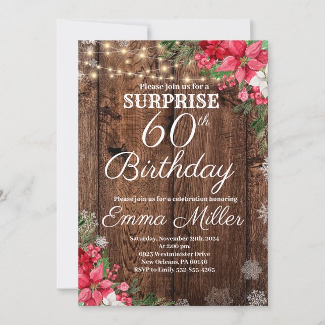 Wood Rustic Winter Surprise 60th Birthday Invitation (Front)