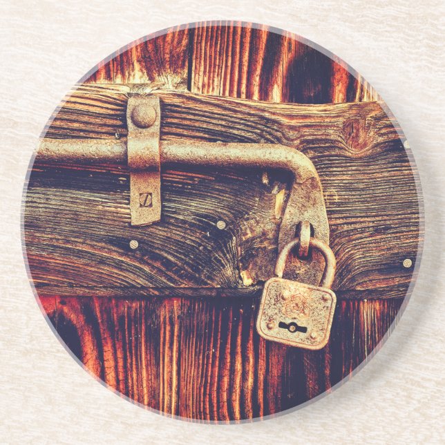 Wood rustic woodgrain brass antique lock brown  coaster (Front)