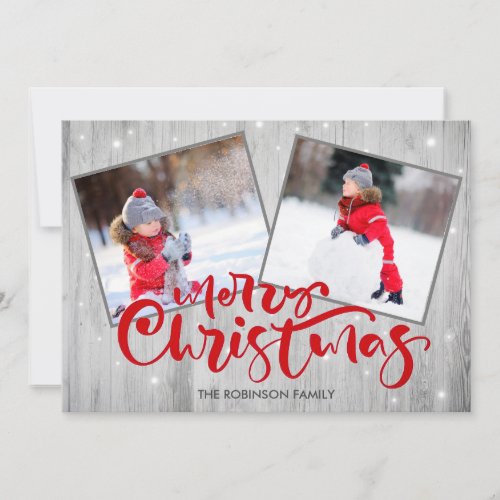 Wood Script Merry Christmas 2 Photo Holiday Card