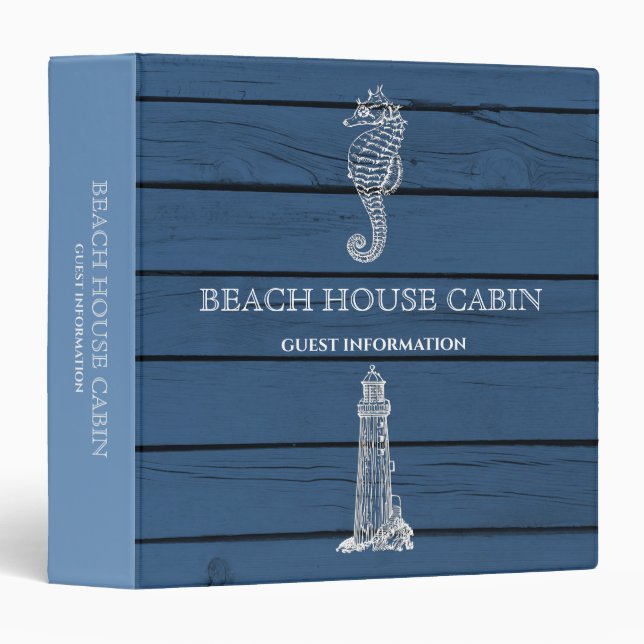 Wood Seahorse Lighthouse Beach House Guest Info  3 Ring Binder (Front/Spine)