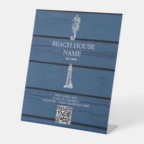 Wood Seahorse Lighthouse Beach House Wifi QR Code Pedestal Sign