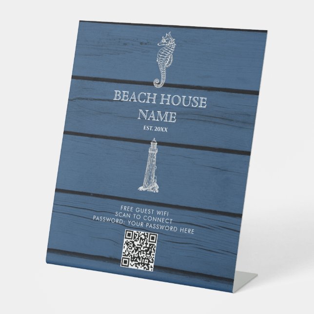Wood Seahorse Lighthouse Beach House Wifi QR Code Pedestal Sign (Front)