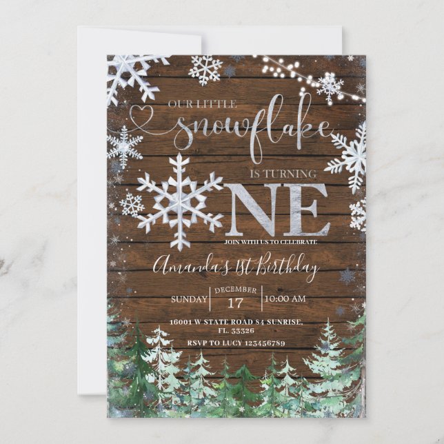 Wood Silver Our little Snowflake Forest Birthday Invitation (Front)